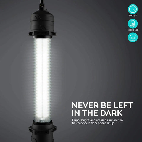Cordless LED Work Light 4 Pack illuminating in dark with text on side. Portable Multipurpose Lighting With 350 Lumens, 5 Hour Runtime.