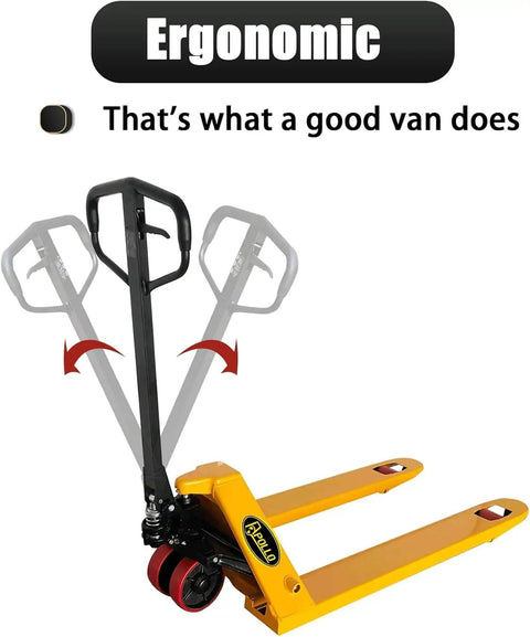 Heavy Duty Manual Pallet Jack Yard Dog Hauler Featuring A Rock Solid 6600 Lb Load Rating With Wide 27 By 48 Inch Forks And Smooth Poly Roller Wheels For Serious Moving Tasks