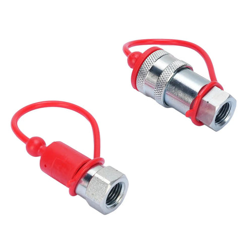 Heavy Duty Hydraulic Quick Connect Coupler One Quarter Inch Npt 4000 Psi Hardened Steel Fitting Dust Caps Included Leak Proof Secure Lock Works Well For Big Tasks Demand Real Deal Specs And Kick Ass Performance. Two red-capped couplers