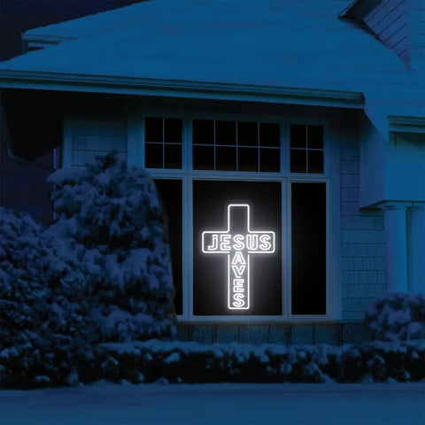 Jesus Saves Neon Sign Cross LED Light 3D Art Wall Decor 20x14 In Lit Night Glow For Church Home Window Memorial Gift Christian Birthday Wedding Decor Ideal Gift For Any Occasion displaying on a window at night
