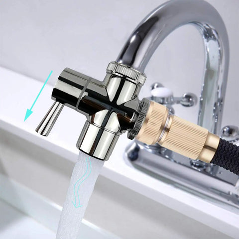 Brass Faucet Diverter Valve With Aerator, Three Way Sink To Garden Hose Adapter, chrome finish, connected to faucet