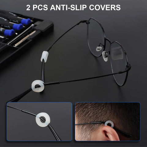 Eyeglasses with anti-slip covers from All In One Eyeglass Repair Kit With 16 Screw Sizes, 12 Pairs Nose Pads, Magnetic Precision Screwdrivers.