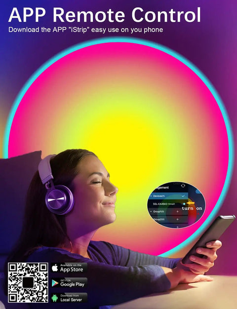 Woman using phone app to control Sunset Projection Lamp With 64 Color Options, App Controlled Ambient Light With Ivy Leaves For Bedrooms And Parties