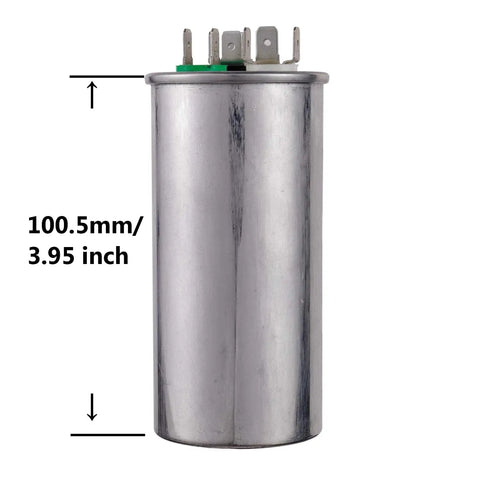 Dual Run Round Capacitor 45 To 10 MFD Plus Six Percent Tolerance, 370 To 440 VAC CBB65, metal shell with dimensions 100.5mm