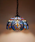 Tiffany Style Pendant Light Fixture With Blue Purple Cloud Stained Glass Hanging Lamp, 12 Inch Wide Shade, Antique Design