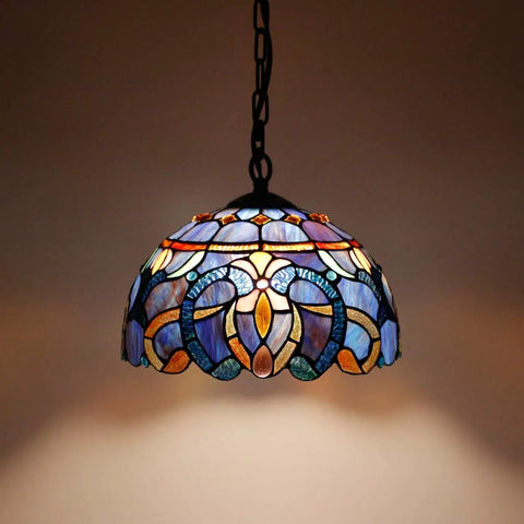 Tiffany Style Pendant Light Fixture With Blue Purple Cloud Stained Glass Hanging Lamp, 12 Inch Wide Shade, Antique Design