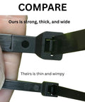 Comparison of thick 14-inch nylon cable ties with locking mechanism against thinner tie, illustrating strength and durability differences.