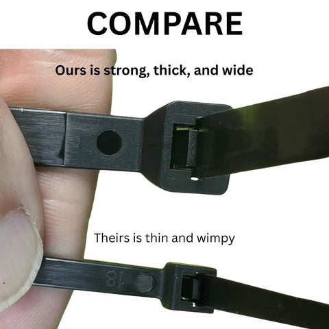 Comparison of thick 14-inch nylon cable ties with locking mechanism against thinner tie, illustrating strength and durability differences.