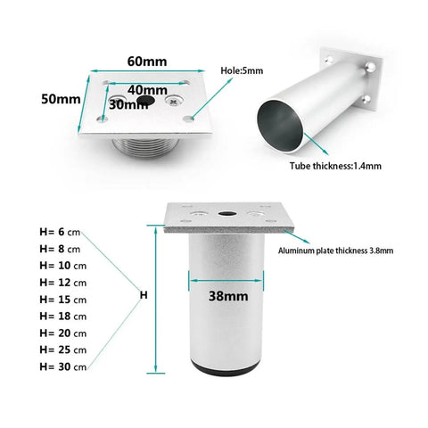 Diagram showing Aluminum Adjustable Furniture Legs 4 Pack, Heavy Duty TV Stand Cabinet Feet specifications with dimensions 6-15 cm.