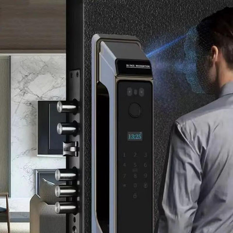 Hassle Free Smart Door Lock With Rock Solid Fingerprint Recognition And Swipe Card Keyless Entry Smooth Brushed Steel Look on door.