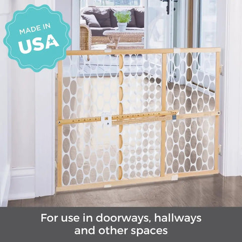 Wooden Baby Gate With Mesh For Doorways, Quick Fit Pressure Mounted, Adjustable 26.5 to 42 Inches Wide, 23 Inches Tall in hallway