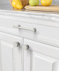 Top Shelf Brushed Satin Nickel Kitchen Cabinet Knobs 6 Pack Slick Drawer Handles For Bathroom Vanities And Dresser Drawers on white cabinets.