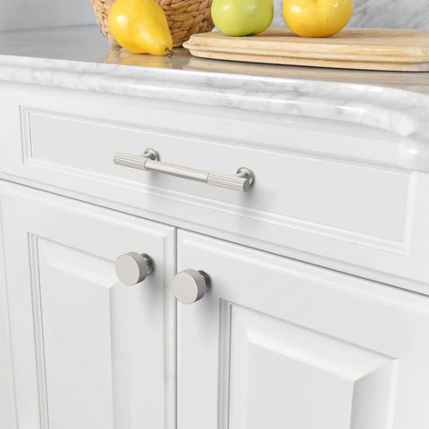 Top Shelf Brushed Satin Nickel Kitchen Cabinet Knobs 6 Pack Slick Drawer Handles For Bathroom Vanities And Dresser Drawers on white cabinets.