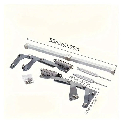 Folding Lift Cabinet Bracket With Pneumatic Buffer Adjustable 24 to 36 Inches Width, steel components and measurements shown.
