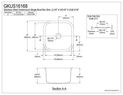 Technical drawing of Undermount Bar Sink 16x16 Inch 8 Inch Deep 18 Gauge Brushed Stainless Steel Single Bowl Scratch Resistant Sound Dampening Pads.