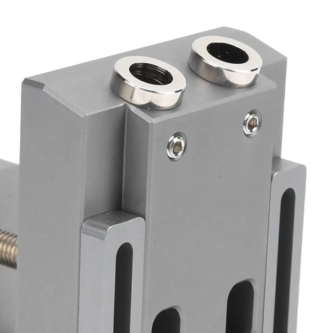 Close-up of Pocket Hole Jig Kit With 15 Degree Aluminum Alloy Locator Inclined Hole Guide for woodworking precision.