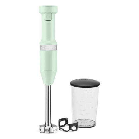Powerful Variable Speed Corded Hand Blender With Removable 8 Inch Arm And Steel Blades For Soups And Smoothies with mixing jar.
