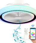 Bladeless Flush Mount Ceiling Fan With Lights And Bluetooth Speaker, showing 19.8 inch unit with remote and app for control.