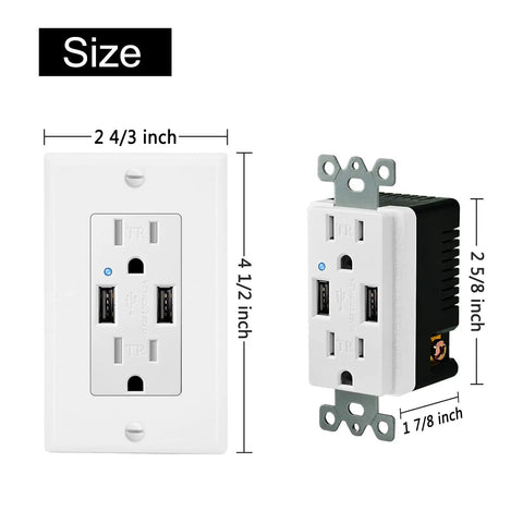 Dimensions of Dual USB Wall Receptacle 15A Tamper Resistant Outlet Cover With 4.2 Amp Fast Charging Ports LED Indicator UL Listed Electrical Faceplate.