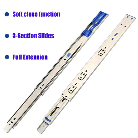 Built Tough Soft Close Drawer Slides 20 Inch Full Extension Cabinet Hardware Smooth As Glass Zinc Plated Cold Rolled Steel Zero Hassle Setup Quality 10 Pair in close-up with 3-section design.