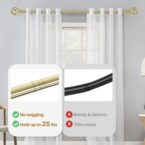 Gold Curtain Rod Set For Windows 32 To 50 Inches With Adjustable Five Eighth Inch Rod, Heavy Duty Brackets, Twisted Cage Finials shown.