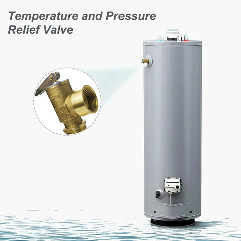 Front view of a brass temperature and pressure relief valve with 3/4 in NPT, shown with a close-up inset of the valve.