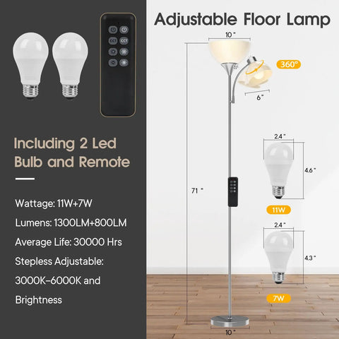Floor Lamp With Remote Control And Adjustable Reading Lamp, Two Smart Bulbs Included, Four Color Temperatures, LED Torchiere