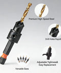 Premium Dope Wood Countersink Drill Bit Set With Titanium Coated HSS, magnetic extension, showing high-speed steel and features.