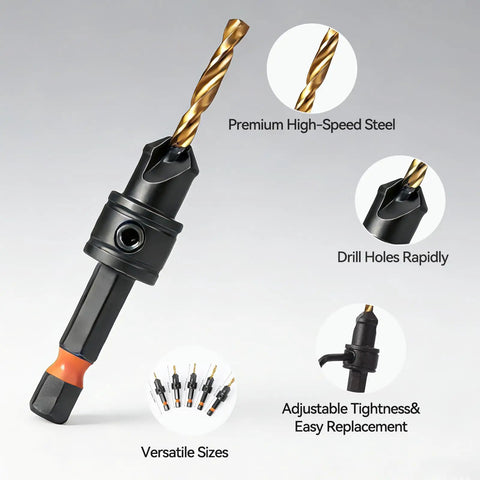 Premium Dope Wood Countersink Drill Bit Set With Titanium Coated HSS, magnetic extension, showing high-speed steel and features.