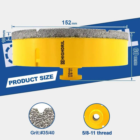 Diamond Core Drill Bit 6 Inch 152mm 5/8-11 Thread Dry Drilling For Porcelain Tile Ceramic Granite Masonry Vacuum Brazed