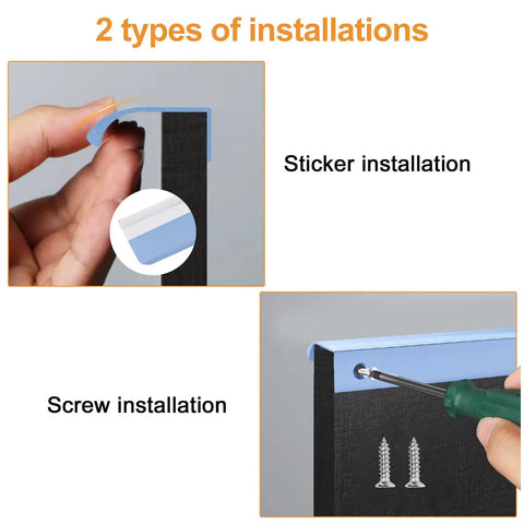 Blue 150mm Finger Edge Pull 4 Pack Concealed Drawer Handles with screws showing sticker and screw installation methods