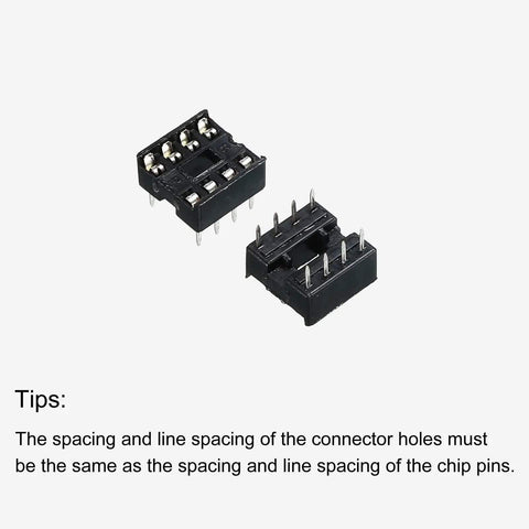 Flat Pin DIP IC Socket Adapter 8 Pin 2.54mm Pitch Dual Row on PCB Boards, durable plastic and metal construction shown above