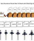 Badass Roundover Router Bit Set With Six Extra Guide Bearings And Heavy Duty Carbide Edge Forming Bits showing six bits and guide bearings.
