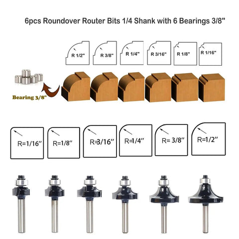 Badass Roundover Router Bit Set With Six Extra Guide Bearings And Heavy Duty Carbide Edge Forming Bits showing six bits and guide bearings.