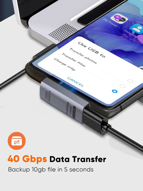 90 Degree Right Angle USB C Adapter, USB C Male To Female, 40Gbps 240W Fast Charging, connected to smartphone and laptop