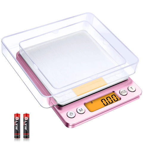 0.01g High Precision Kitchen Scale With 500g Capacity Portable Digital Scale LCD Display Tare Function Dual Tray Batteries Included Pink