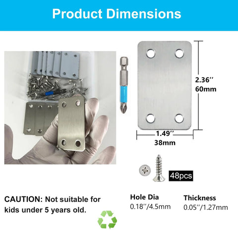 12 Pack Flat Mending Plate Metal Bracket Stainless Steel Corner Brace 60mm By 38mm Four Hole 0.05 Inch Thick Wood Repair