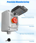 Emergency Stop Push Button Switch Box With Red Momentary Button And IP67 Waterproof Cover shown with ABS shell and fixing bolts.