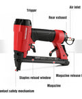 Pneumatic 20 Gauge Staple Gun For Upholstery And Carpentry with rear exhaust, T50 Style Stapler, labeled parts view