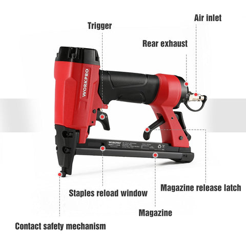 Pneumatic 20 Gauge Staple Gun For Upholstery And Carpentry with rear exhaust, T50 Style Stapler, labeled parts view