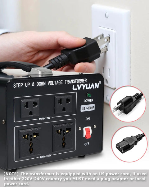 Beefy 3000W Voltage Transformer with US outlets plugged into a socket, showing step up and step down functionality.