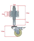 Tough As Nails 2 Piece 3 Inch Heavy Duty Gate Caster Kit Featuring Spring Loaded Swivel Rubber Wheels with locking brake dimensions.