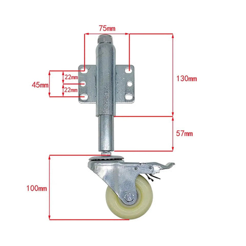 Tough As Nails 2 Piece 3 Inch Heavy Duty Gate Caster Kit Featuring Spring Loaded Swivel Rubber Wheels with locking brake dimensions.