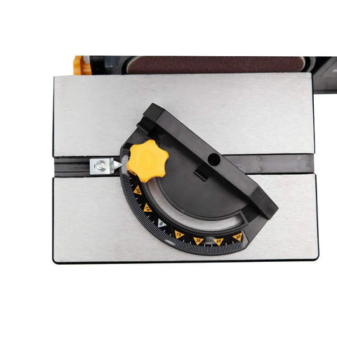 Rugged Belt And Disc Sander Combo For Woodworking with heavy duty miter gauge and adjustable tilt tables shown from top angle