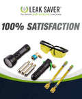 Leak Saver Leak Shot Dye Inject Kit with UV dye; includes safety goggles, injector, brass adapters, and yellow hoses.