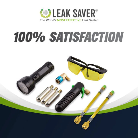Leak Saver Leak Shot Dye Inject Kit with UV dye; includes safety goggles, injector, brass adapters, and yellow hoses.