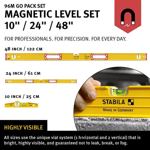 Heavy Duty Magnetic Level Set Including Forty Eight And Twenty Four Inch Pro Spirit Levels Along With Compact Torpedo Level And Rugged Carry Case Crafted For Dead Nuts Accuracy On Any Tough Job Site