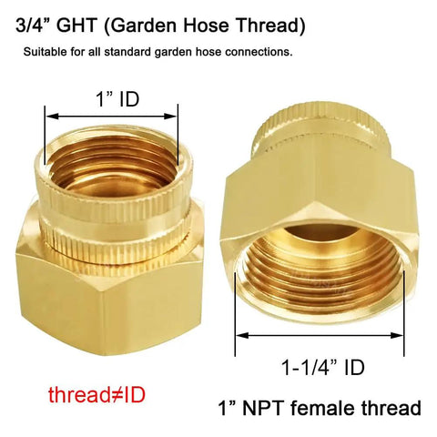 Two Pack Beefy Brass Swivel Pipe Fitting Three Quarters Inch GHT To One Inch NPT Double Female For Garden Hose Threads Rotating Joint Heavy Duty Brass Connector, brass adapter
