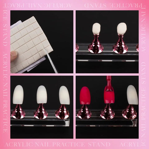 Pink Nail Art Display Stands Set With 54 Adhesive Putty Pieces showing acrylic nail stands with magnetic chess-shaped tips.