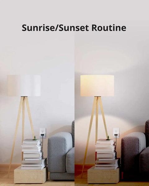 Smart Plug 2 Pack With Quick Setup And Voice Control Works With Alexa And Google Assistant Remote App Control For Home Automation S31 Lite Style showing lamp with sunrise/sunset routine